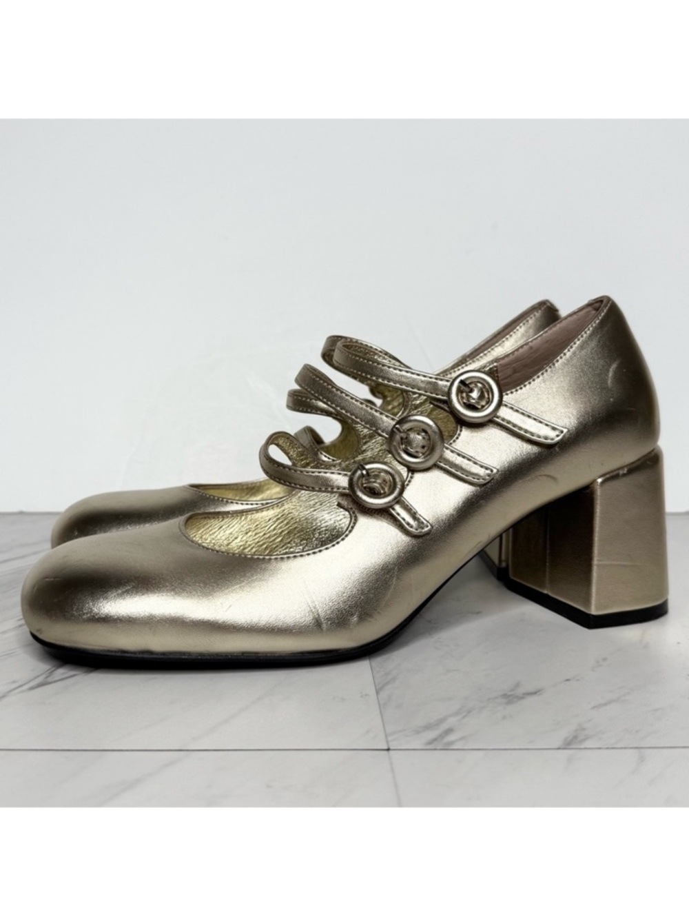 Jeffrey Campbell Gold Faux Leather Mary Jane Pump 8 1/2